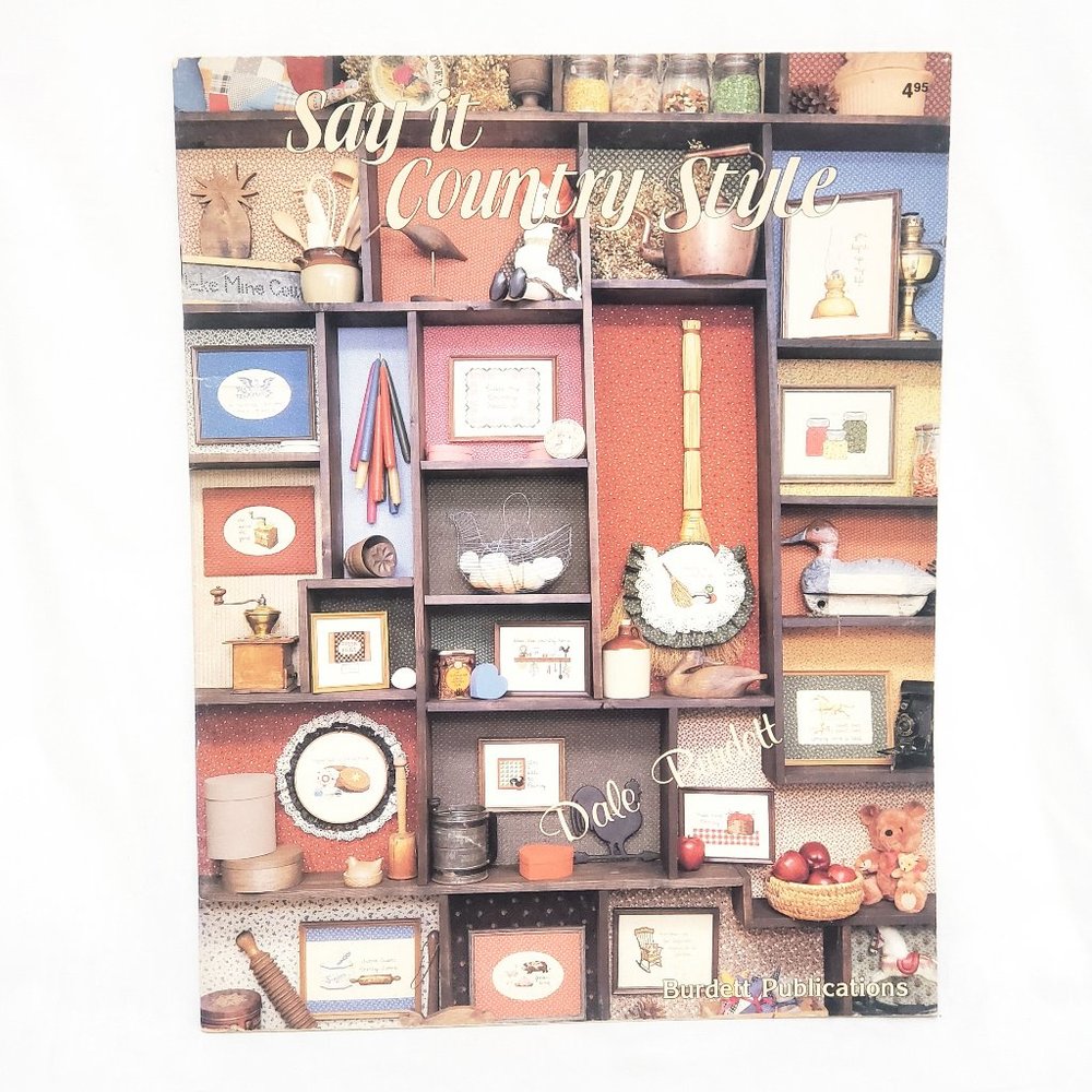 Say it Country Style Cross Stitch Booklet Dale Burdett 1983 15 Designs Jars Lamp
